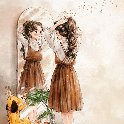 对镜打扮女生漫画头像