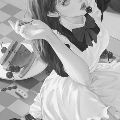手绘插画黑白女生头像