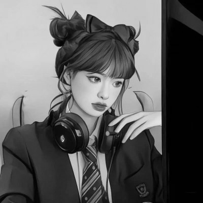 手绘插画黑白女生头像