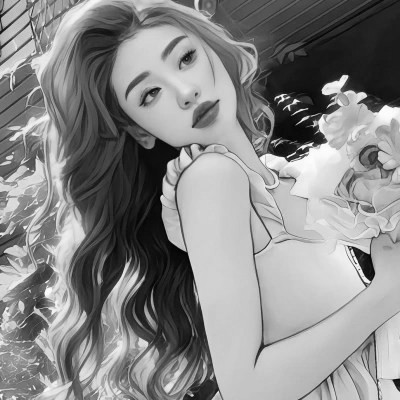 手绘插画黑白女生头像