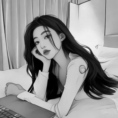 手绘插画黑白女生头像