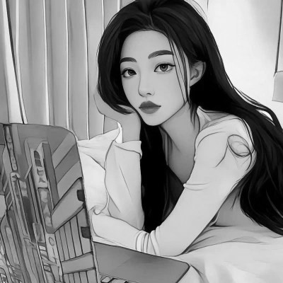 手绘插画黑白女生头像
