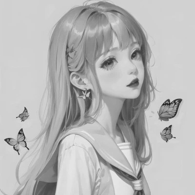 女生手绘动漫黑白头像图片