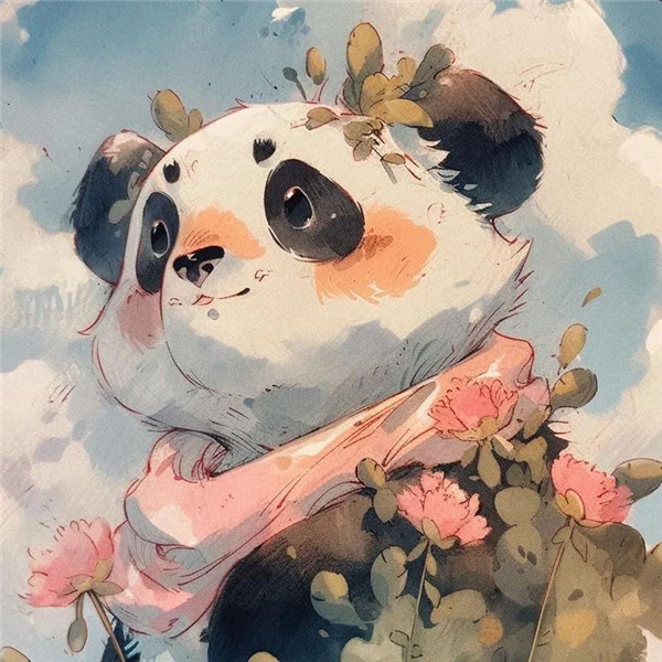 可爱的手绘熊猫与花头像图片