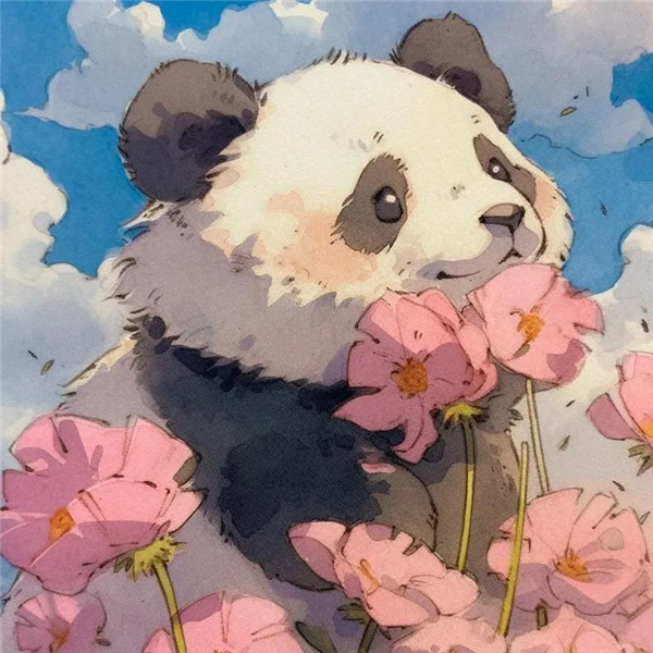 可爱的手绘熊猫与花头像图片