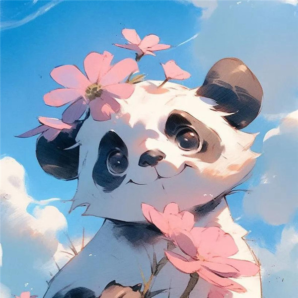 可爱的手绘熊猫与花头像图片
