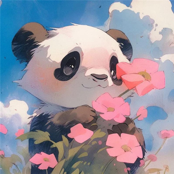 可爱的手绘熊猫与花头像图片