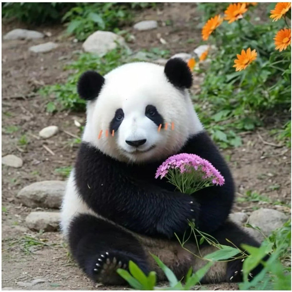呆萌可爱的熊猫捧花头像图片