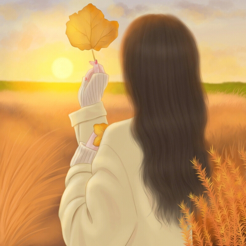 手绘拿枫叶唯美女生背影头像图片