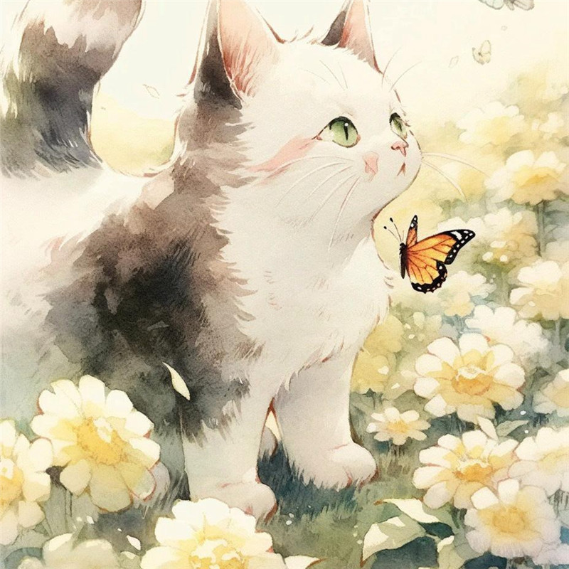 猫咪与蝴蝶嬉戏治愈系插画头像图片