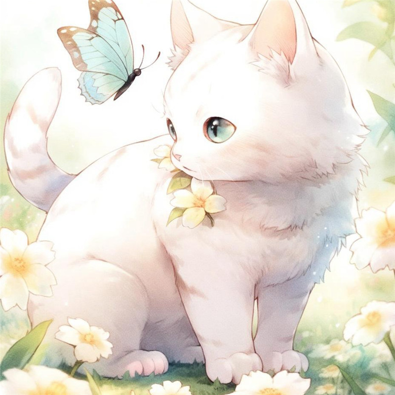 猫咪与蝴蝶嬉戏治愈系插画头像图片