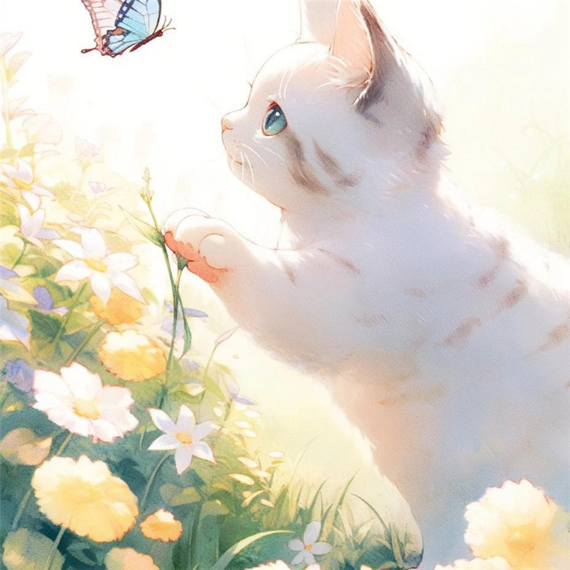 猫咪与蝴蝶嬉戏治愈系插画头像图片
