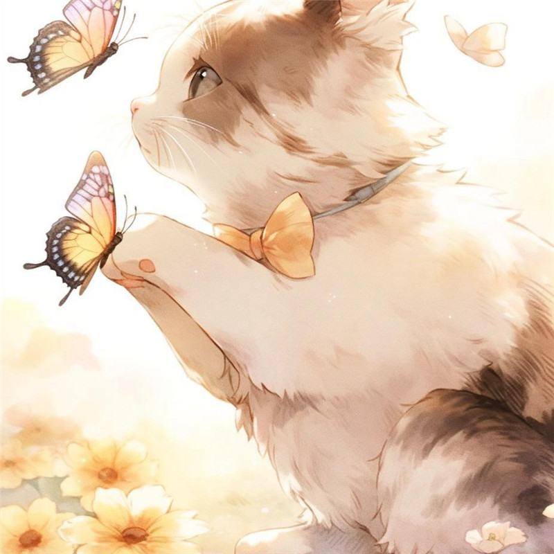 猫咪与蝴蝶嬉戏治愈系插画头像图片