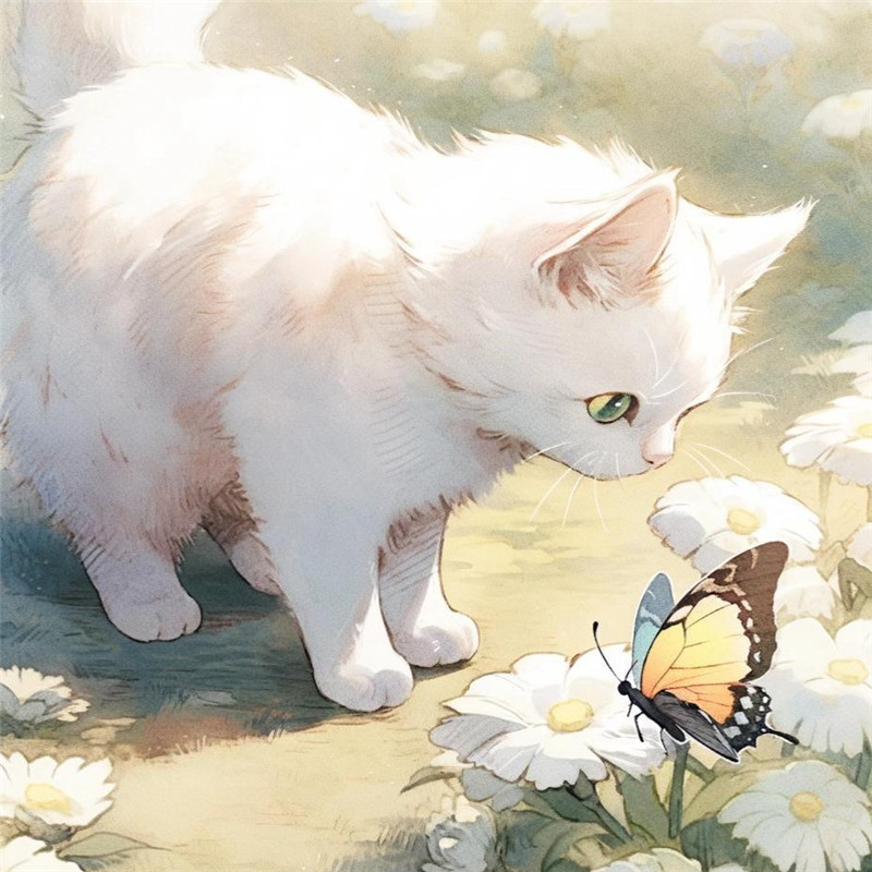 猫咪与蝴蝶嬉戏治愈系插画头像图片