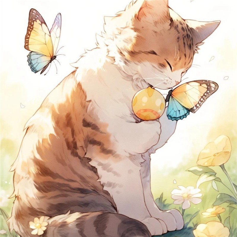 猫咪与蝴蝶嬉戏治愈系插画头像图片