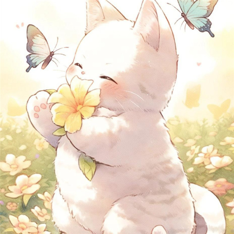 猫咪与蝴蝶嬉戏治愈系插画头像图片