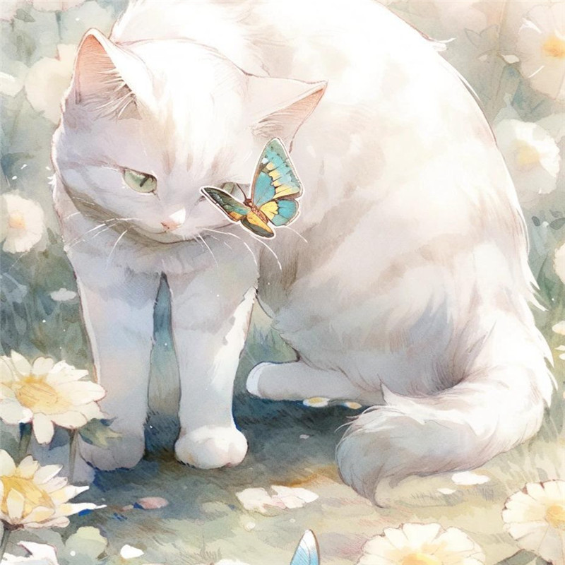 猫咪与蝴蝶嬉戏治愈系插画头像图片