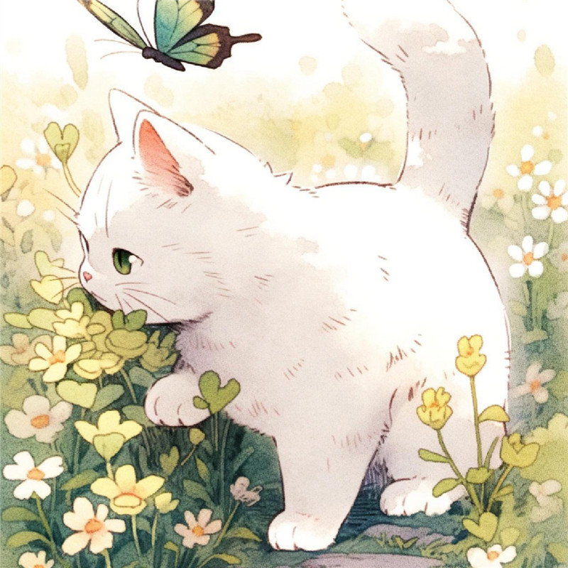 猫咪与蝴蝶嬉戏治愈系插画头像图片