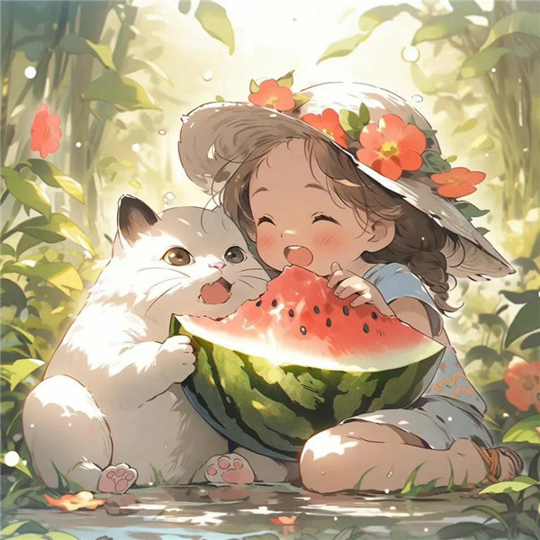 治愈小女孩与猫咪吃西瓜头像图片