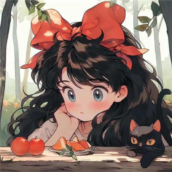 治愈小女孩与猫咪吃西瓜头像图片