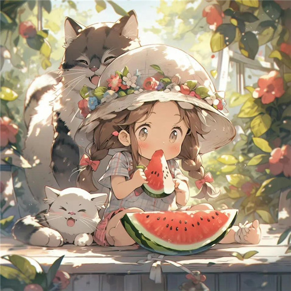 治愈小女孩与猫咪吃西瓜头像图片