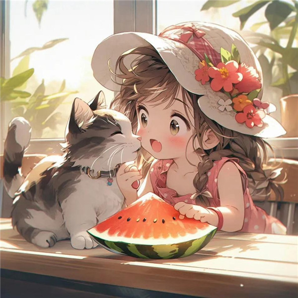 治愈小女孩与猫咪吃西瓜头像图片