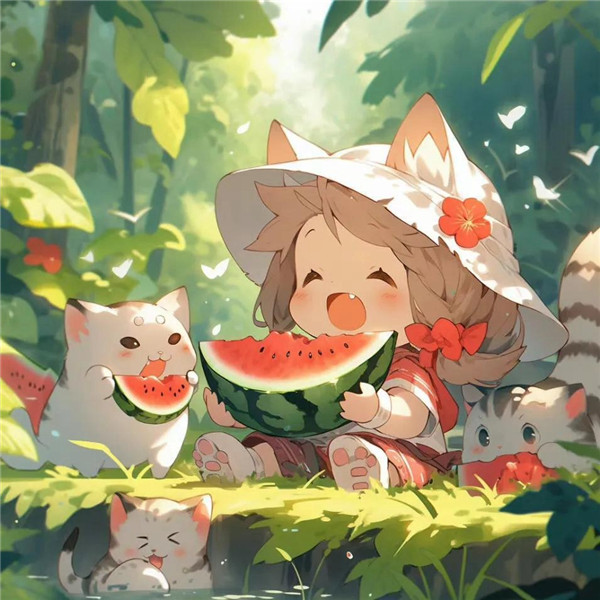 治愈小女孩与猫咪吃西瓜头像图片