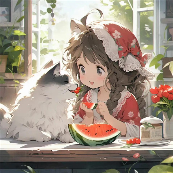 治愈小女孩与猫咪吃西瓜头像图片