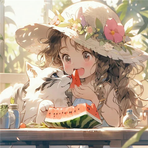 治愈小女孩与猫咪吃西瓜头像图片