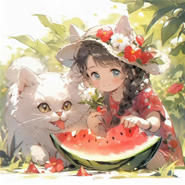 治愈小女孩与猫咪吃西瓜头像图片