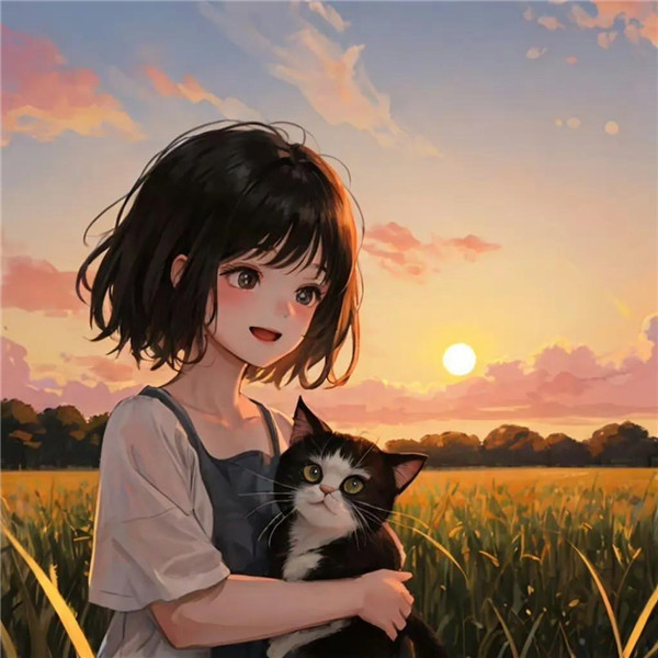 唯美治愈系夕阳女孩与萌宠头像图片