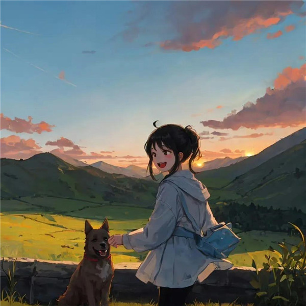 唯美治愈系夕阳女孩与萌宠头像图片