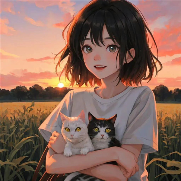 唯美治愈系夕阳女孩与萌宠头像图片