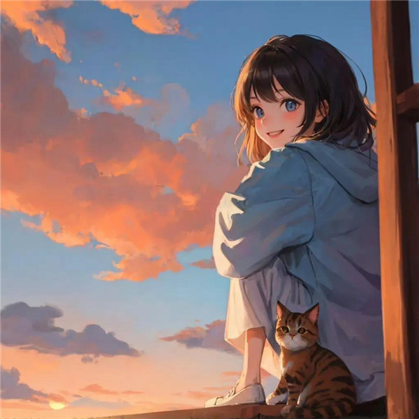唯美治愈系夕阳女孩与萌宠头像图片