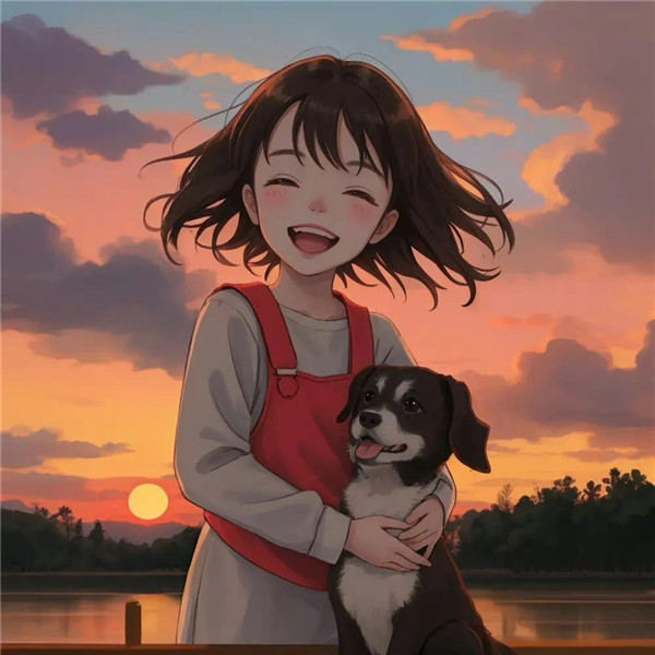 唯美治愈系夕阳女孩与萌宠头像图片