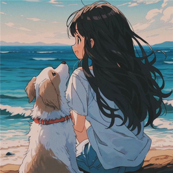 海边女生和狗狗治愈系背影头像图片