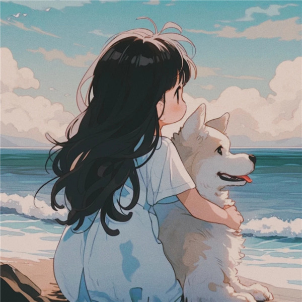 海边女生和狗狗治愈系背影头像图片