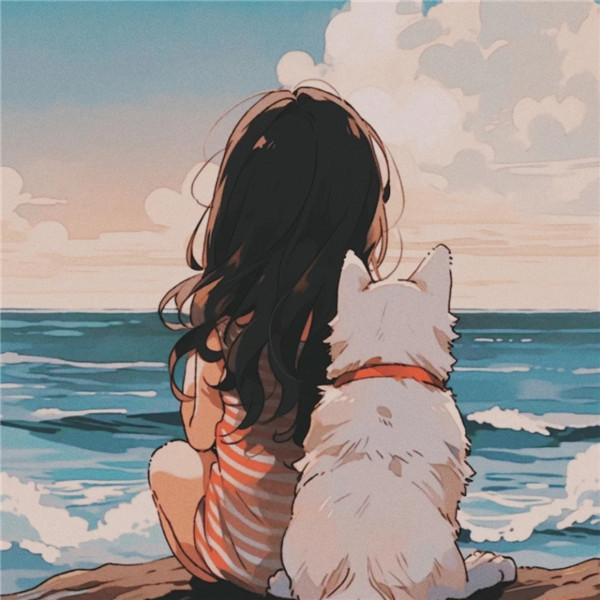 海边女生和狗狗治愈系背影头像图片