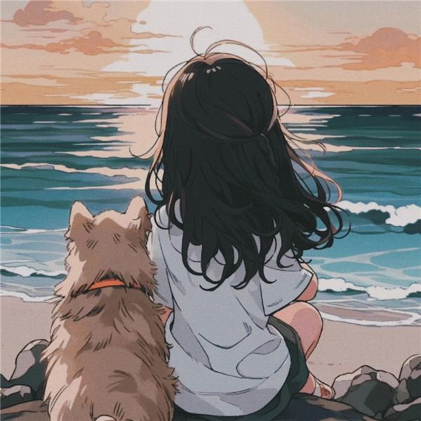海边女生和狗狗治愈系背影头像图片