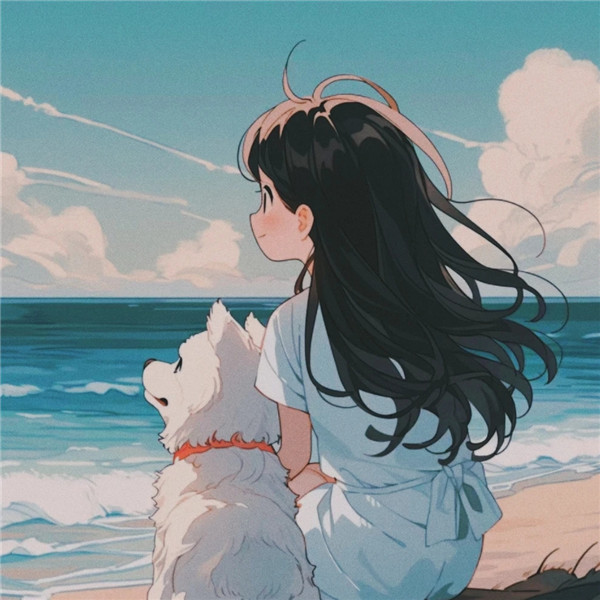 海边女生和狗狗治愈系背影头像图片