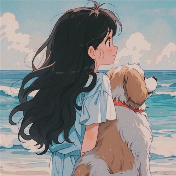 海边女生和狗狗治愈系背影头像图片