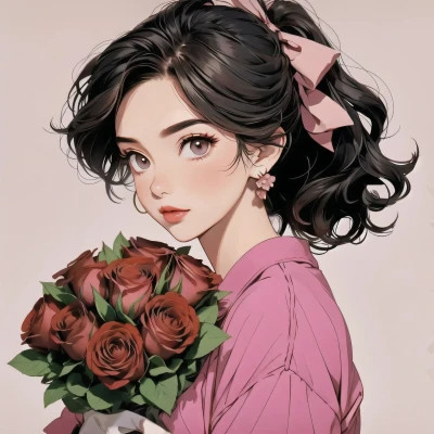 动漫治愈系捧花少女头像图片