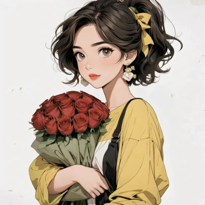 动漫治愈系捧花少女头像图片