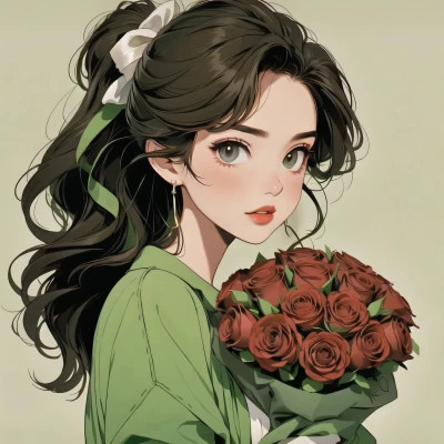 动漫治愈系捧花少女头像图片