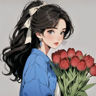 动漫治愈系捧花少女头像图片