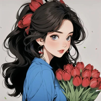 动漫治愈系捧花少女头像图片