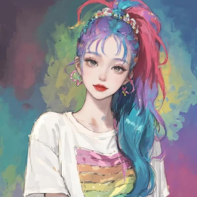 彩虹马尾女孩动漫头像图片