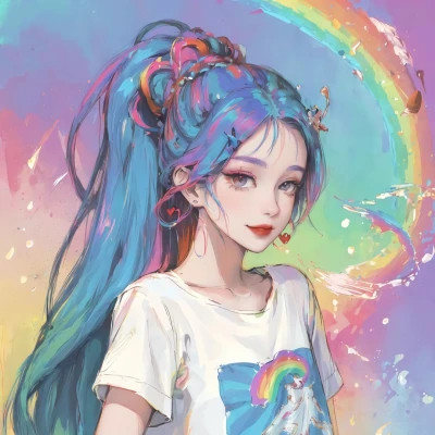 彩虹马尾女孩动漫头像图片