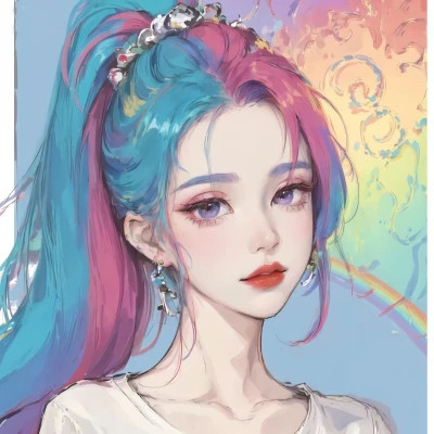 彩虹马尾女孩动漫头像图片