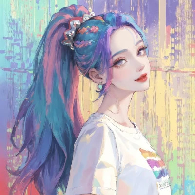 彩虹马尾女孩动漫头像图片